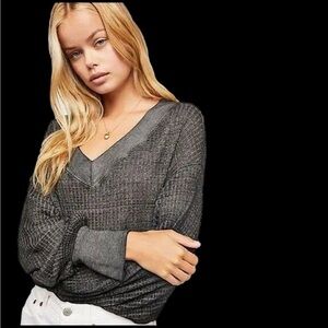 Free People South Side Thermal V Neck Top Waffle Knit Black Grey​​​​